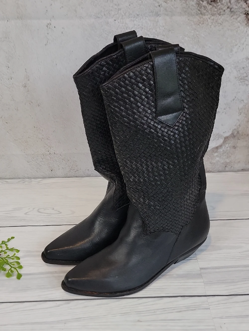 Unbranded Sample Black Woven Leather Mid-Calf Cowboy Boots - Women's Size 7